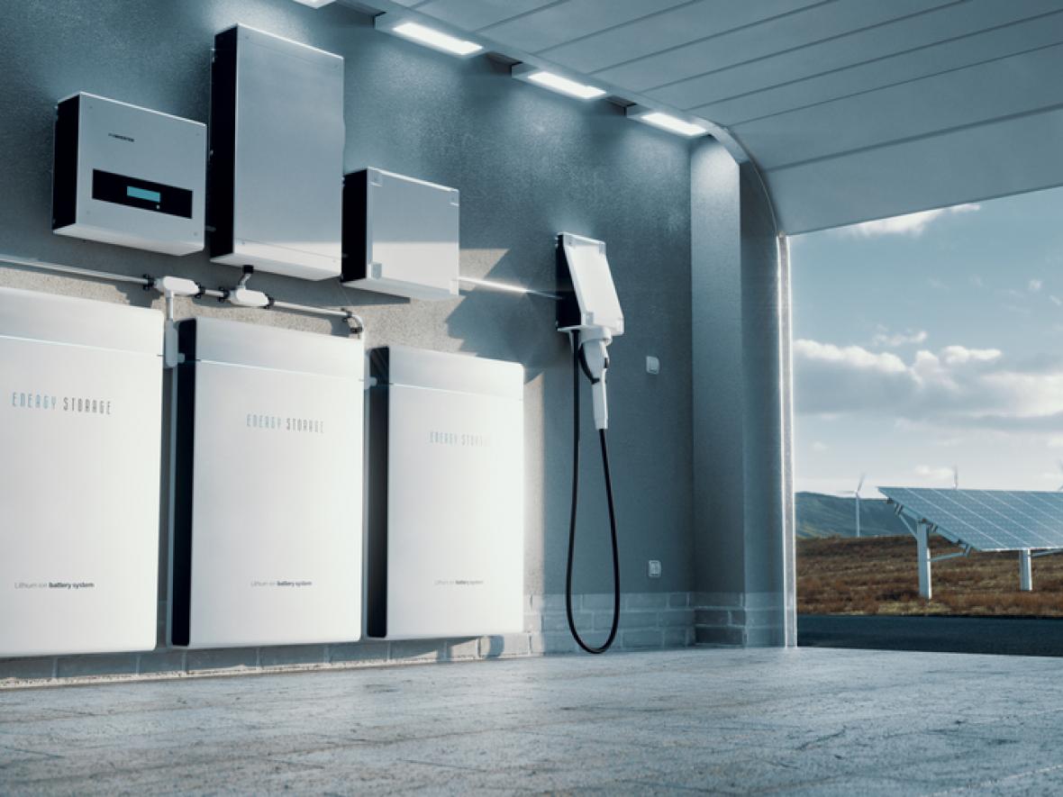 Solar battery charging wall in a garage Solar battery charging wall in a garage
