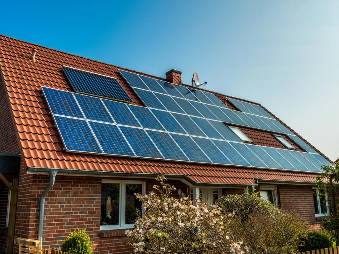 Solar panels on a two story house