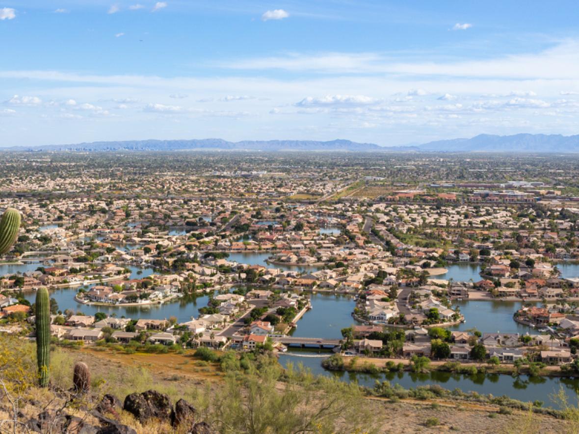 Aerial landscape view looking down to Glendale Arizona with a cactus